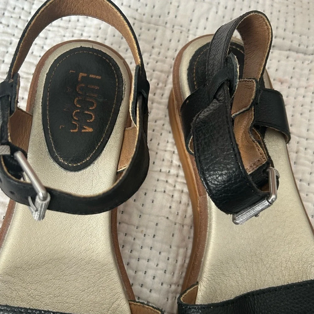 Lucca Lane Black Leather Cork Wedge Sandals Ankle Strap Comfort‎ Size 9 - Picture 9 of 9